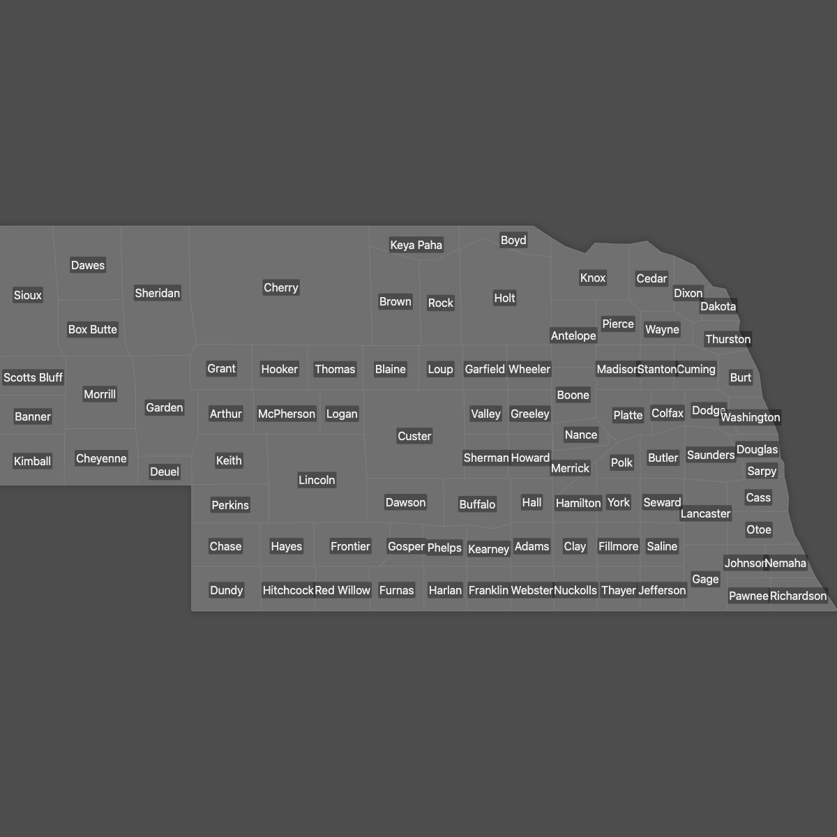 Blank Map of Nebraska Counties with Labels (Dark Theme)