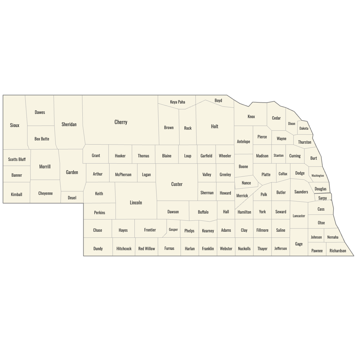 Blank Map of Nebraska Counties with Labels