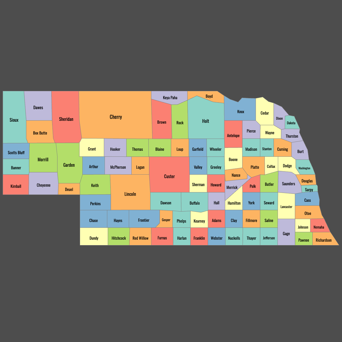 Colored Map of Nebraska Counties with Labels (Dark Theme)