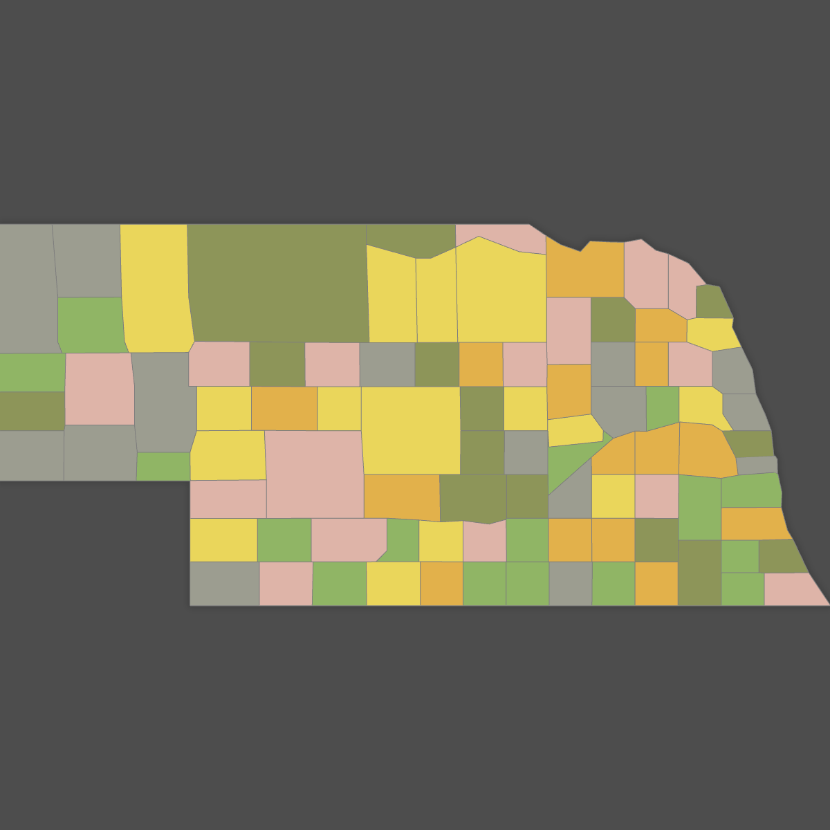 Colored Map of Nebraska Counties (Dark Theme)