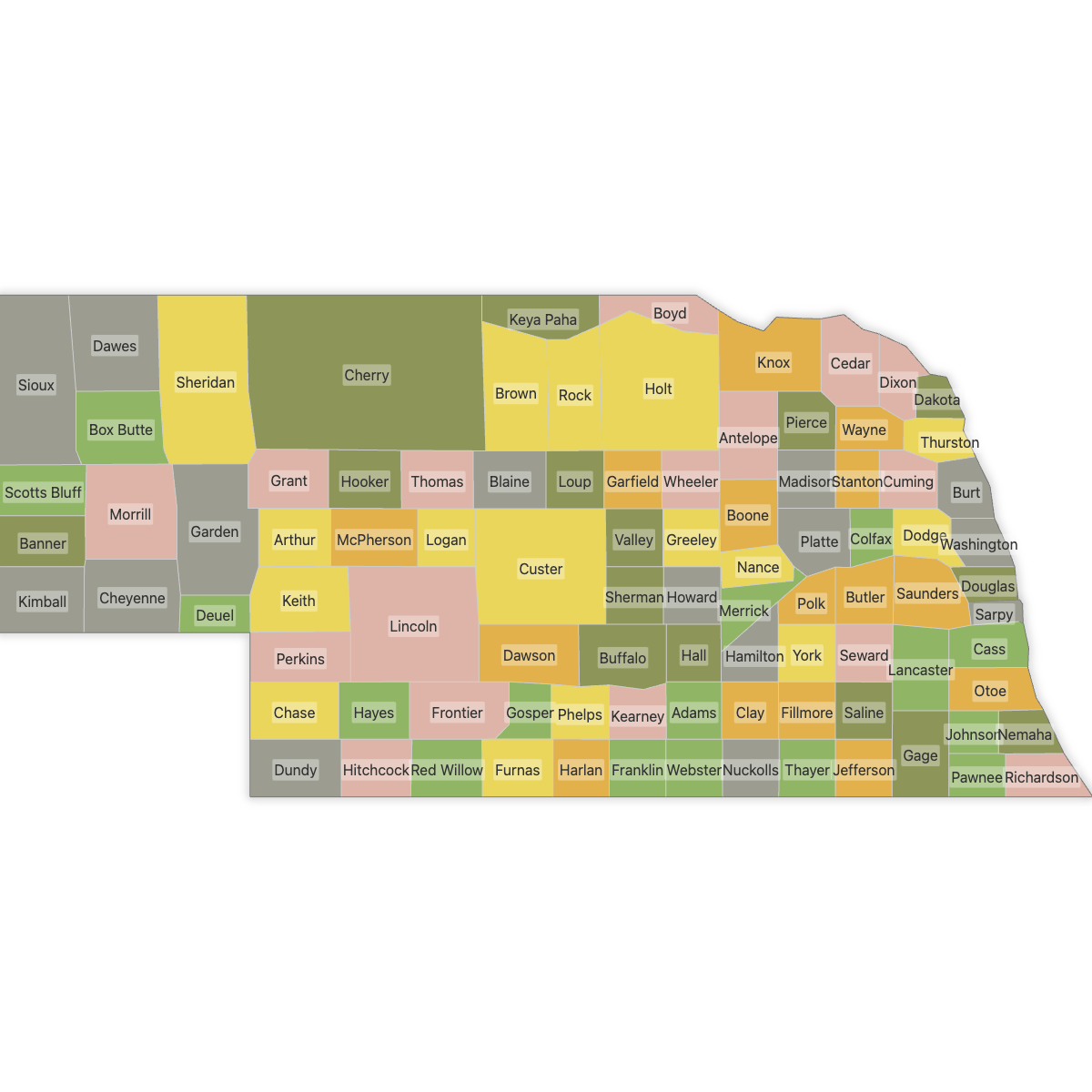 Colored Map of Nebraska Counties with Labels