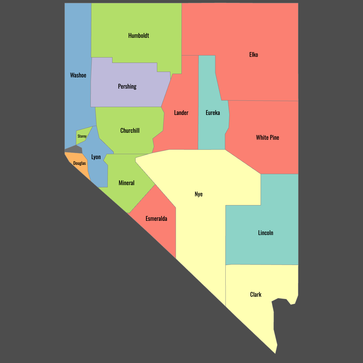 Colored Map of Nevada Counties with Labels (Dark Theme)