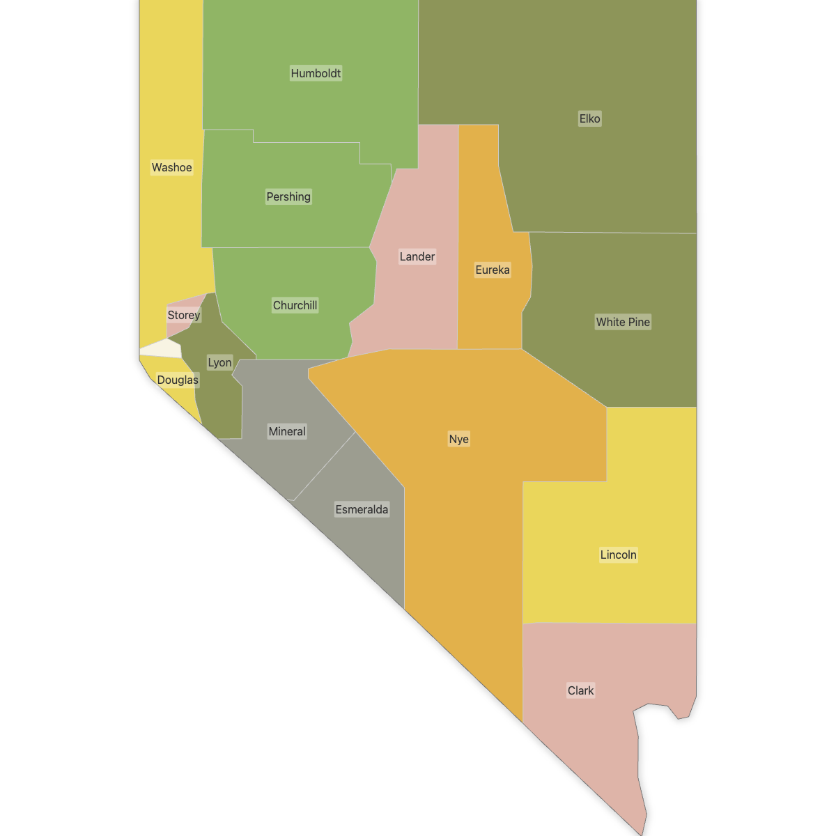 Colored Map of Nevada Counties with Labels