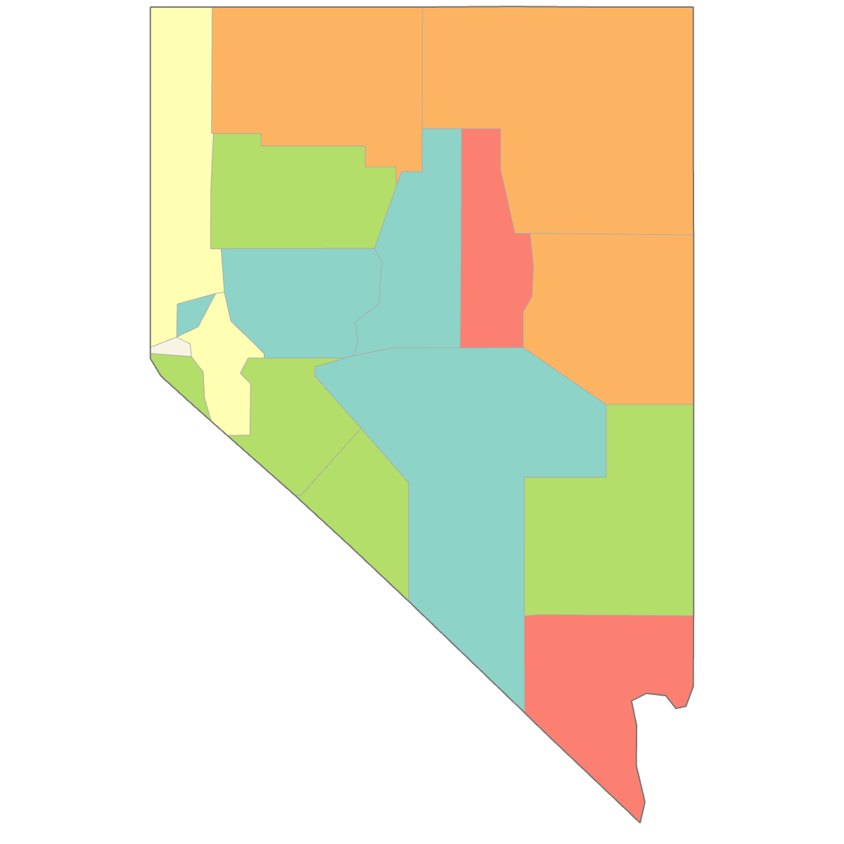 Colored Map of Nevada Counties