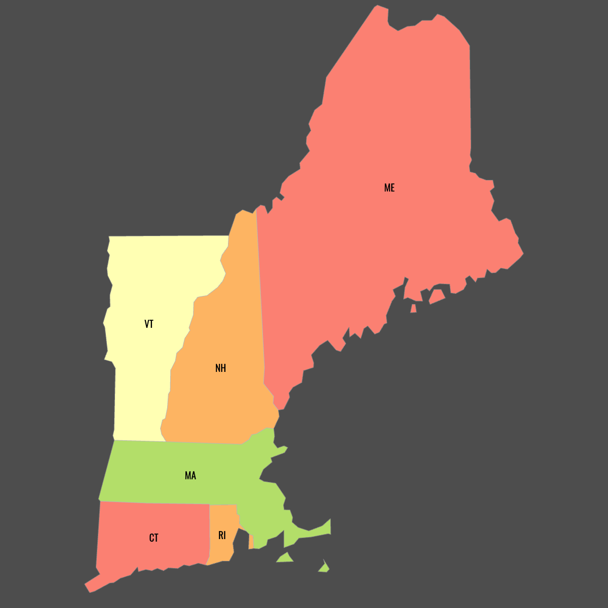 Colored Map of New England States with Labels (Dark Theme)