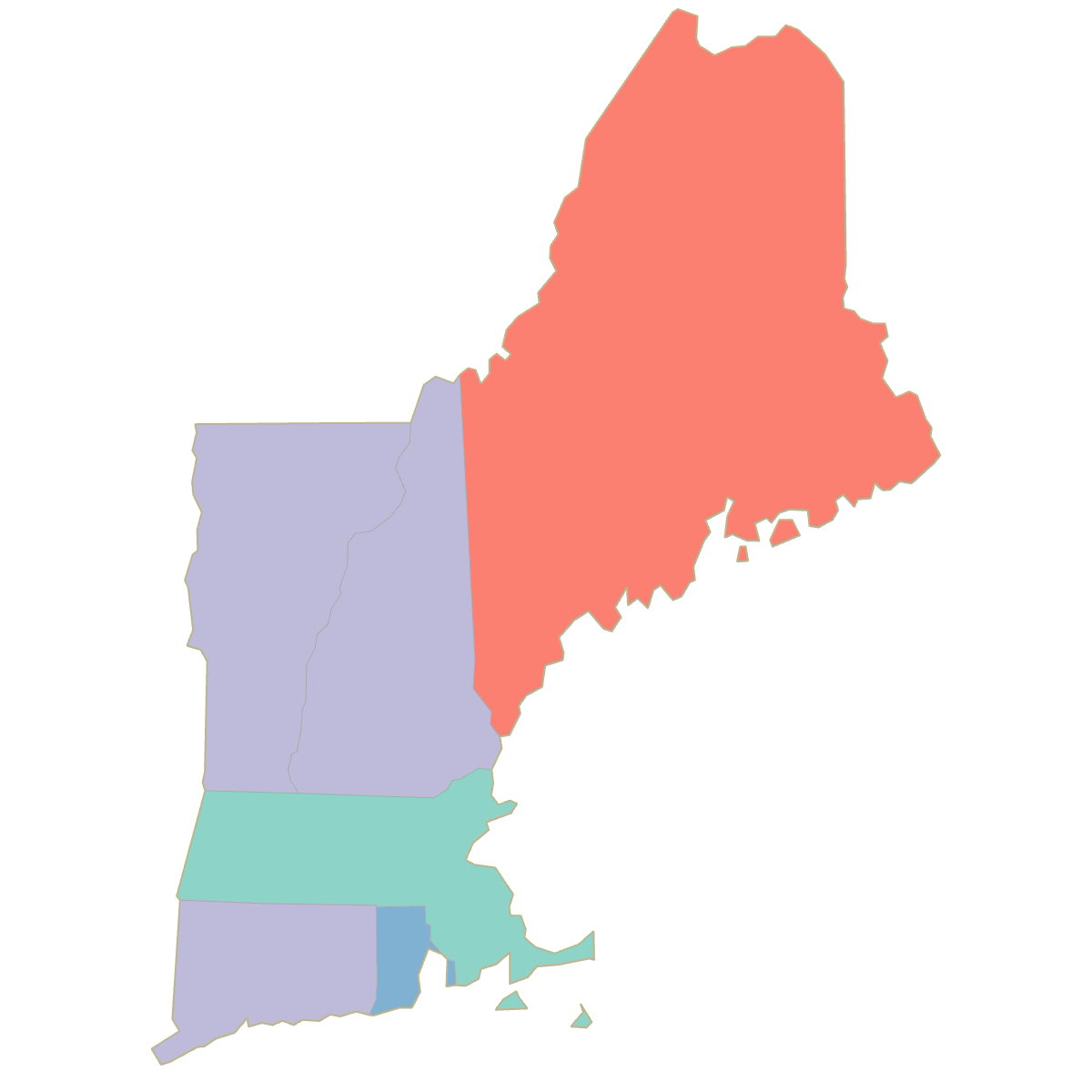 Colored Map of New England States