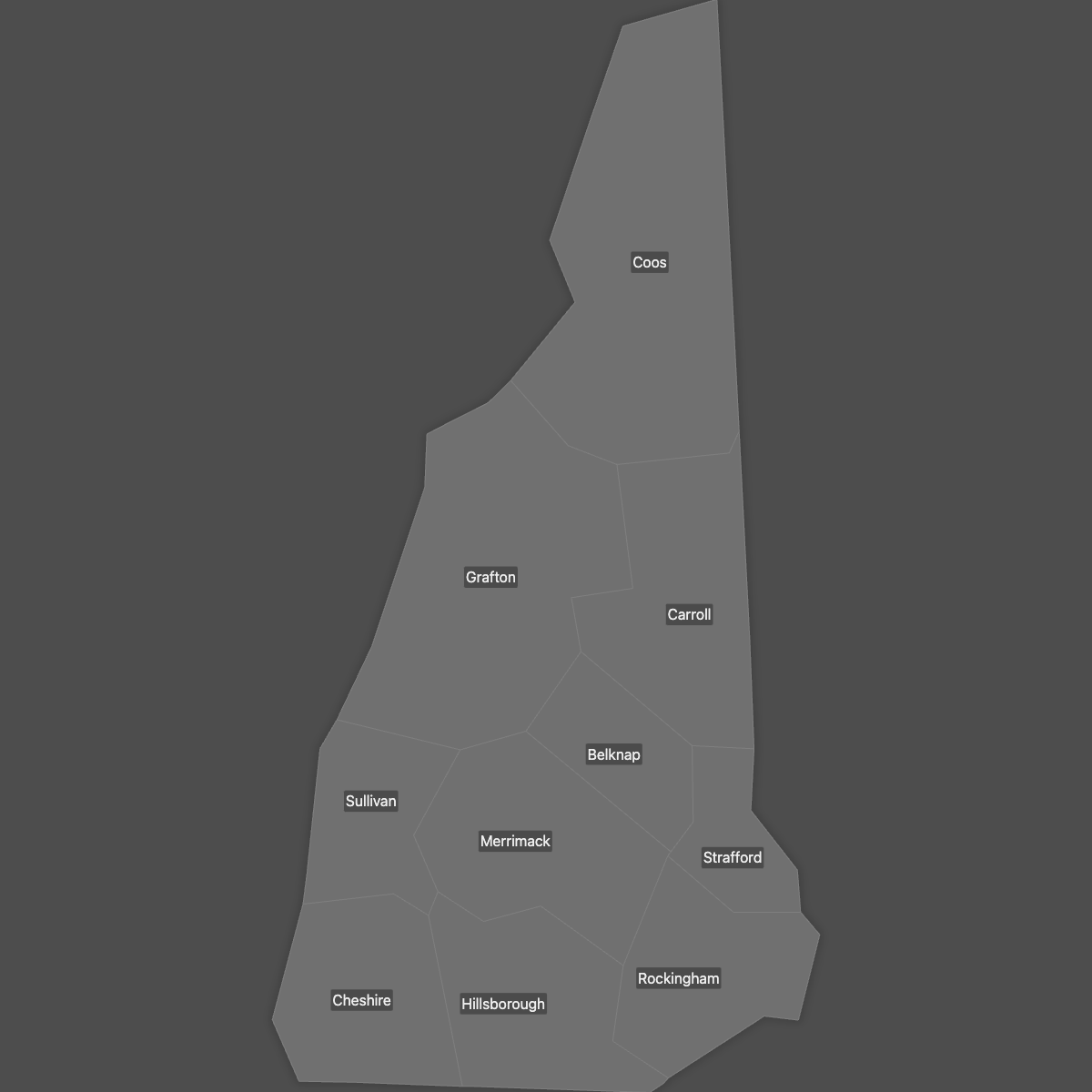 Blank Map of New Hampshire Counties with Labels (Dark Theme)