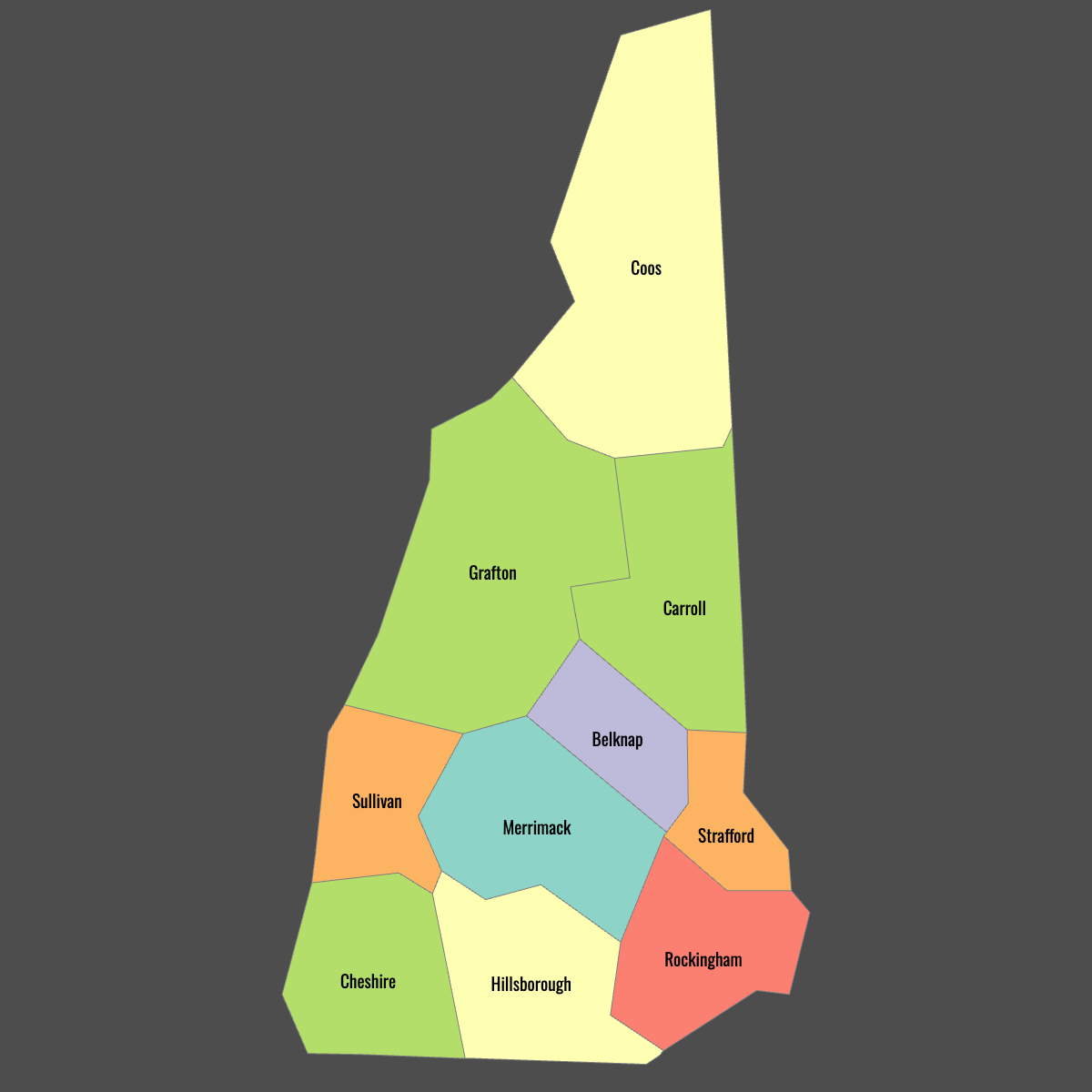 Colored Map of New Hampshire Counties with Labels (Dark Theme)