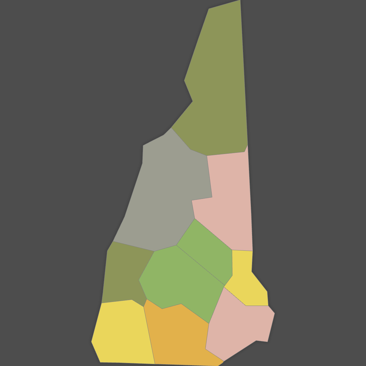 Colored Map of New Hampshire Counties (Dark Theme)