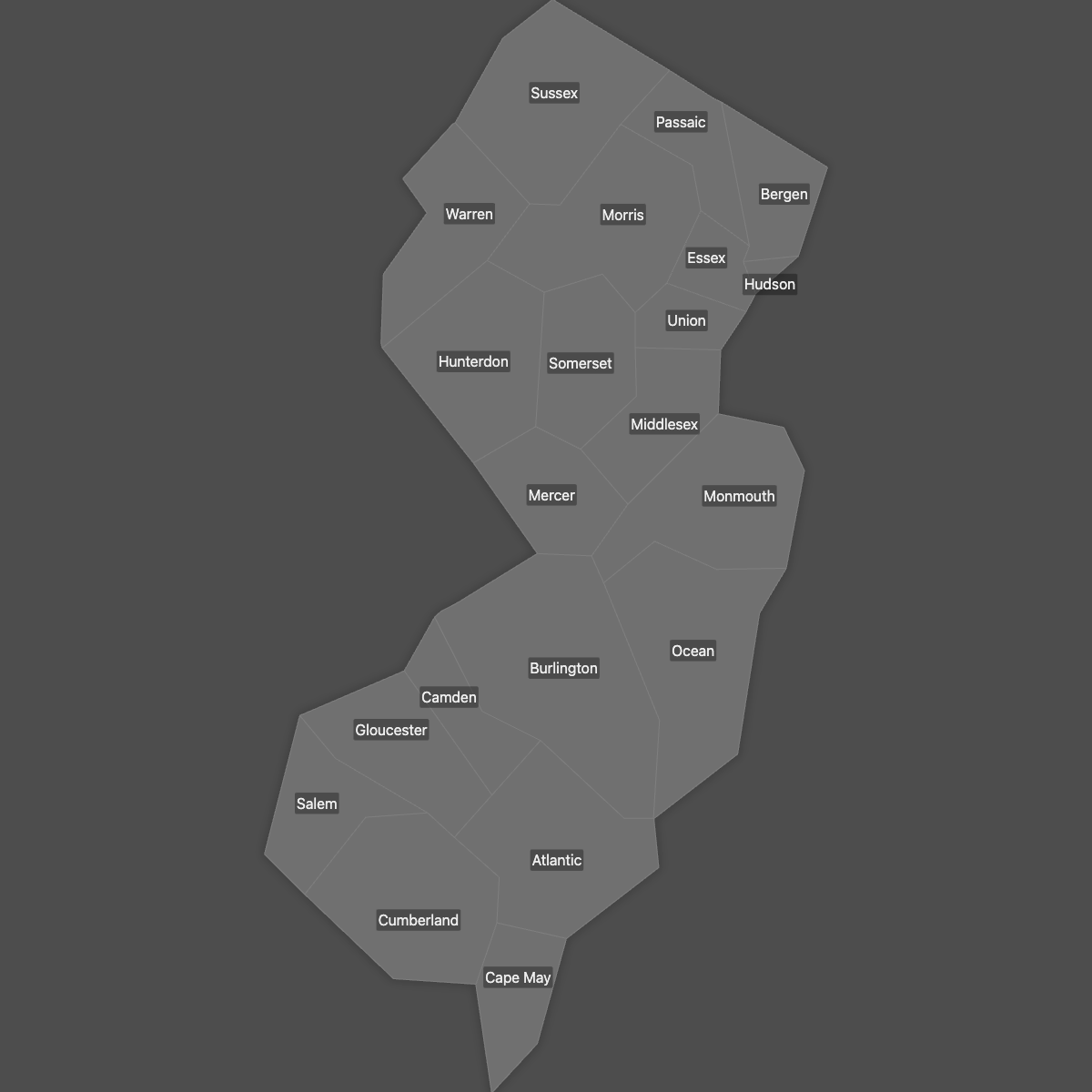 Blank Map of New Jersey Counties with Labels (Dark Theme)