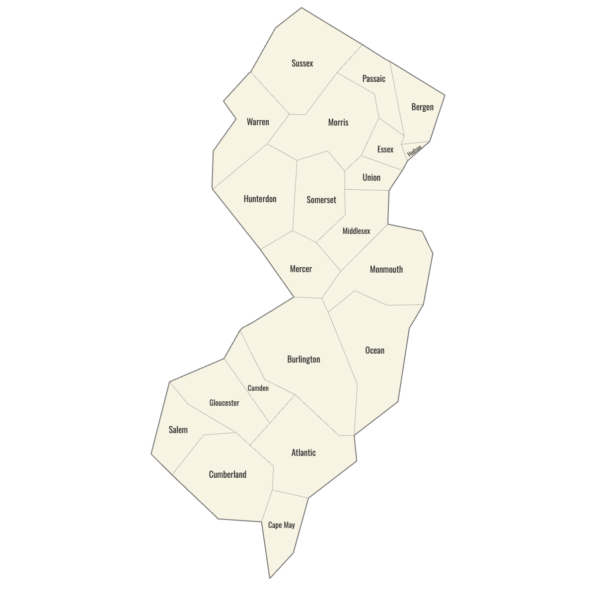 Blank Map of New Jersey Counties with Labels