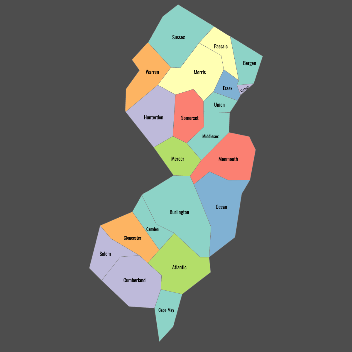 Colored Map of New Jersey Counties with Labels (Dark Theme)