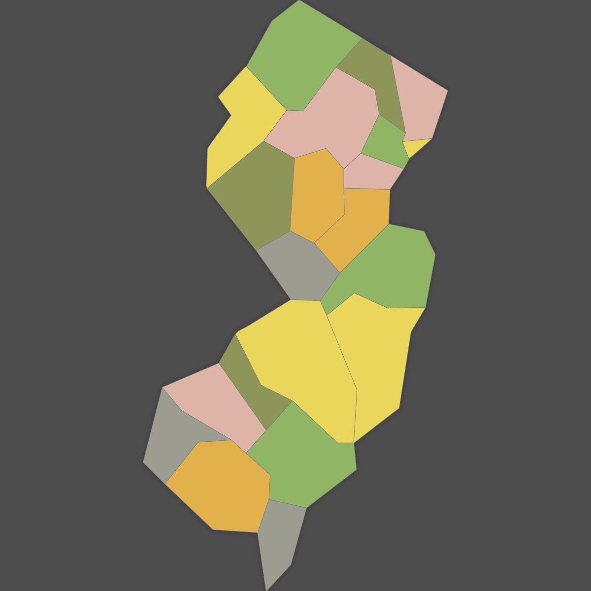 Colored Map of New Jersey Counties (Dark Theme)