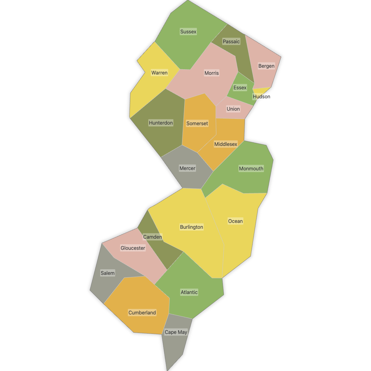 Colored Map of New Jersey Counties with Labels