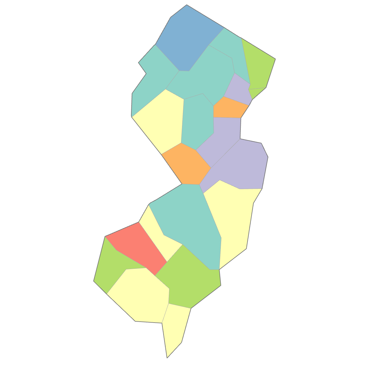 Colored Map of New Jersey Counties