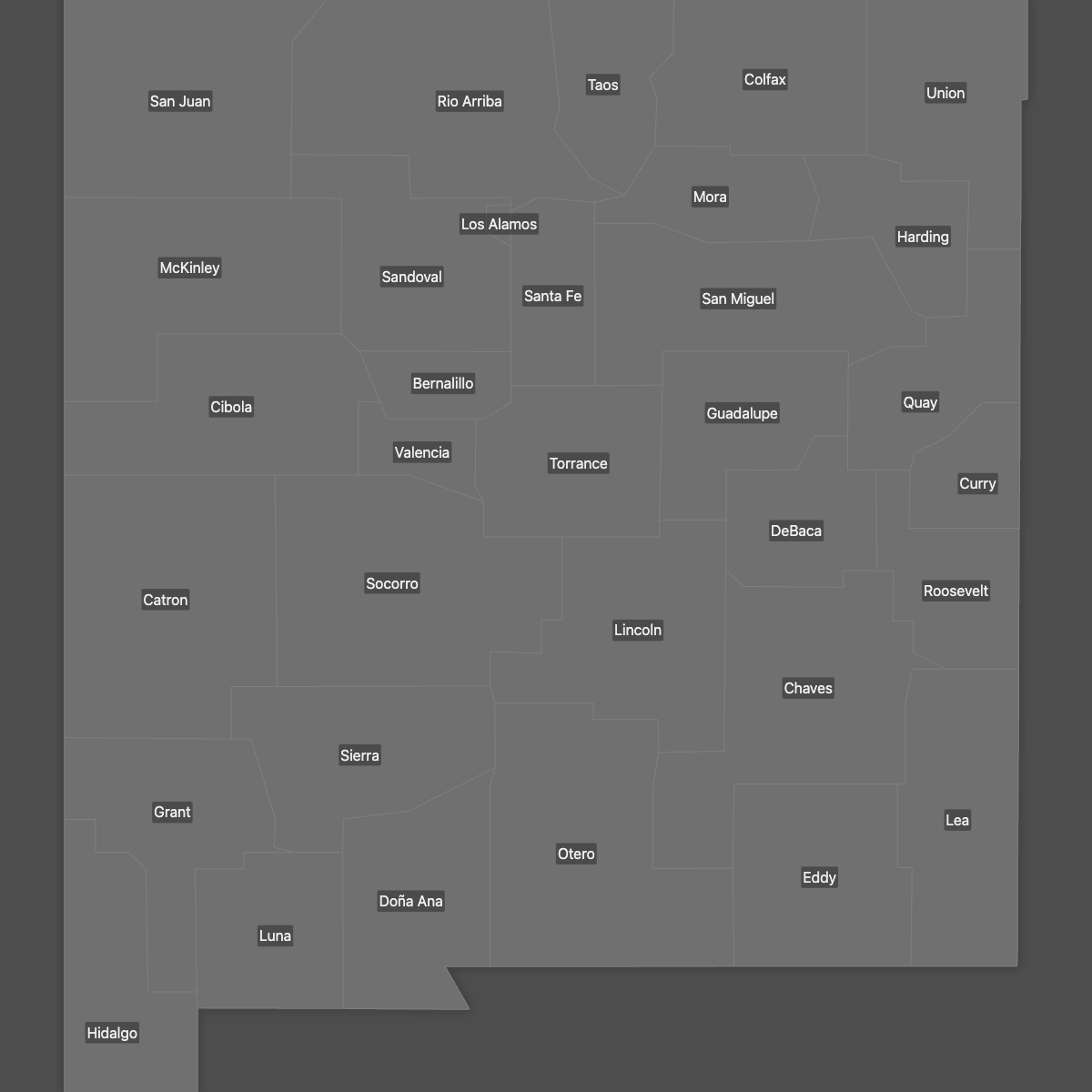 Blank Map of New Mexico Counties with Labels (Dark Theme)