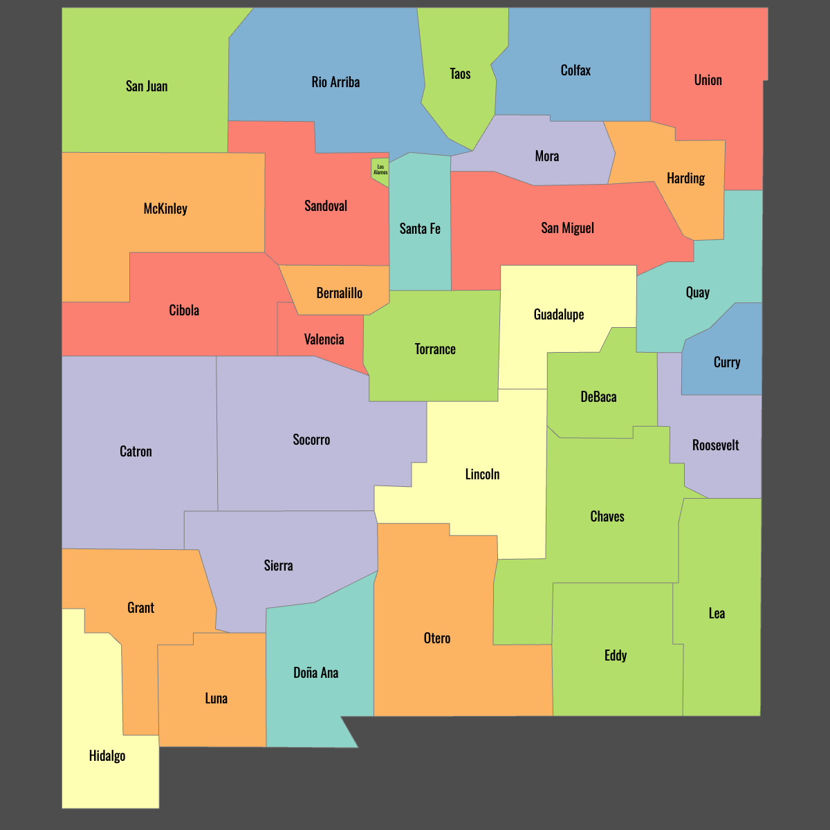 Colored Map of New Mexico Counties with Labels (Dark Theme)