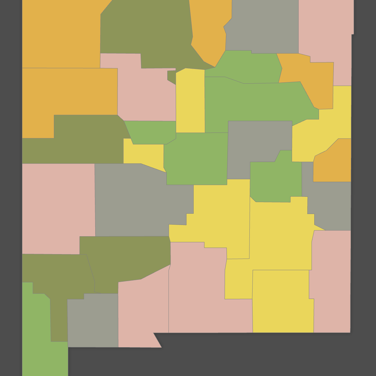 Colored Map of New Mexico Counties (Dark Theme)