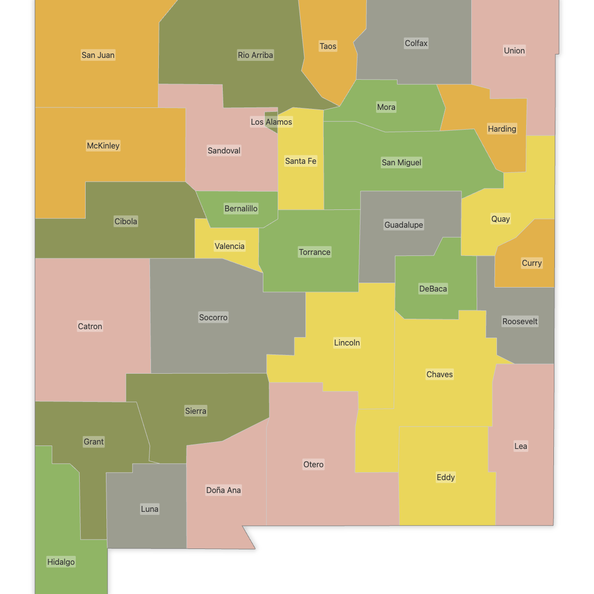 Colored Map of New Mexico Counties with Labels