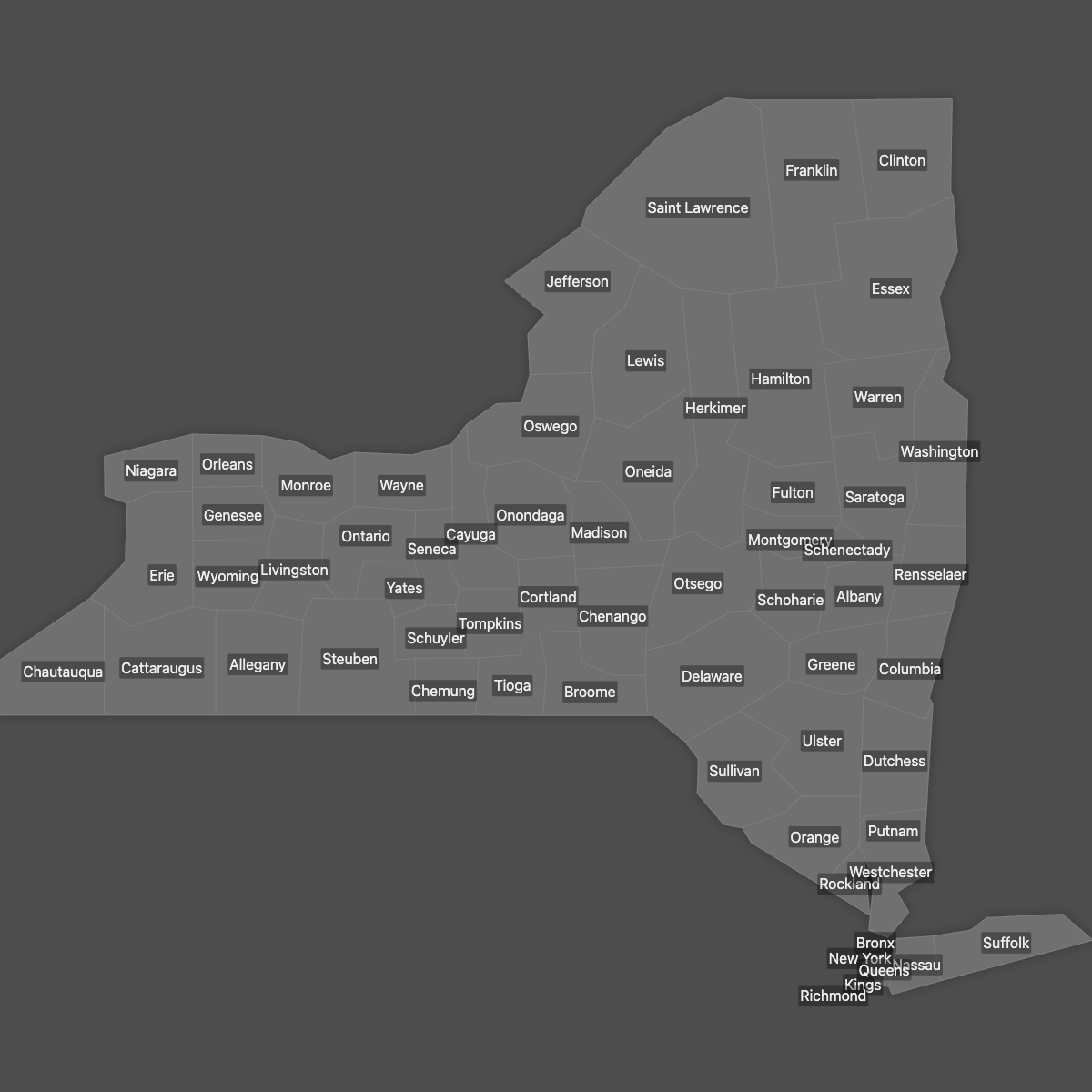 Blank Map of New York Counties with Labels (Dark Theme)