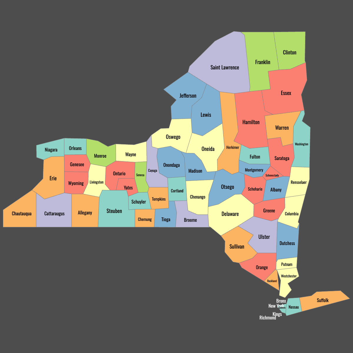 Colored Map of New York Counties with Labels (Dark Theme)