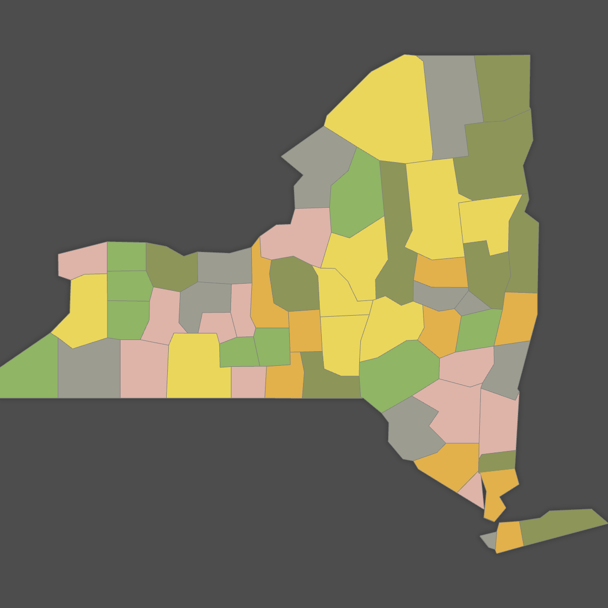 Colored Map of New York Counties (Dark Theme)