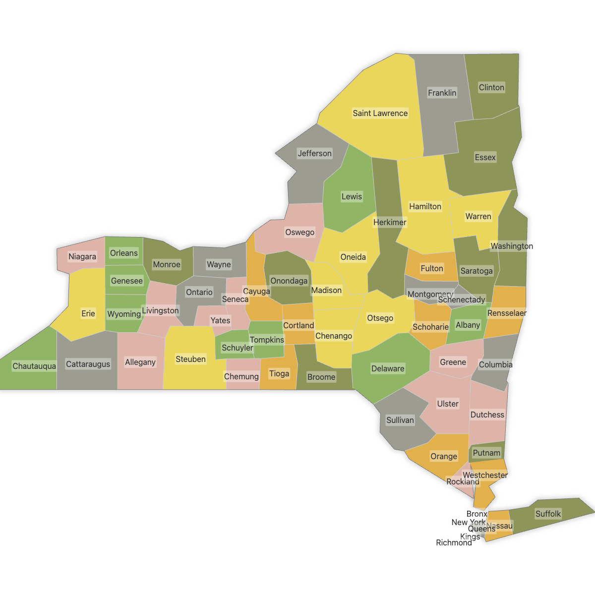 Colored Map of New York Counties with Labels