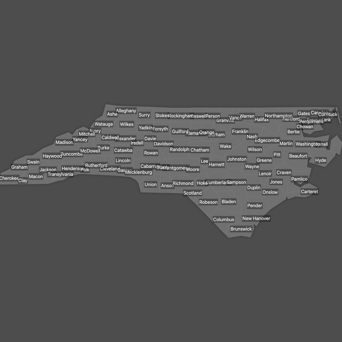 Blank Map of North Carolina Counties with Labels (Dark Theme)