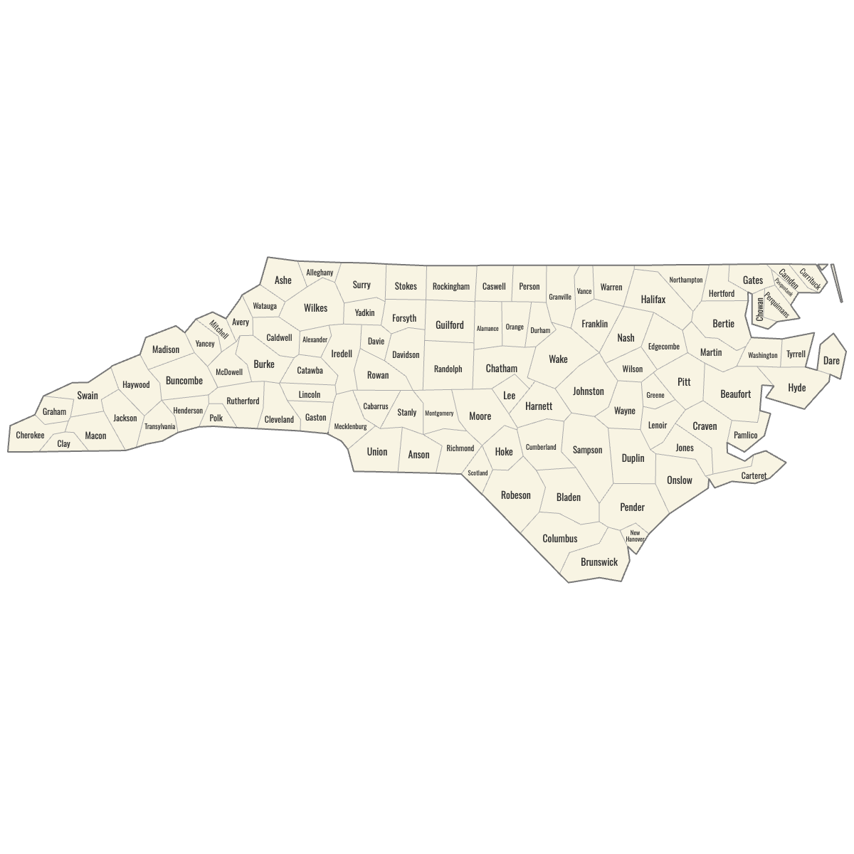 Blank Map of North Carolina Counties with Labels