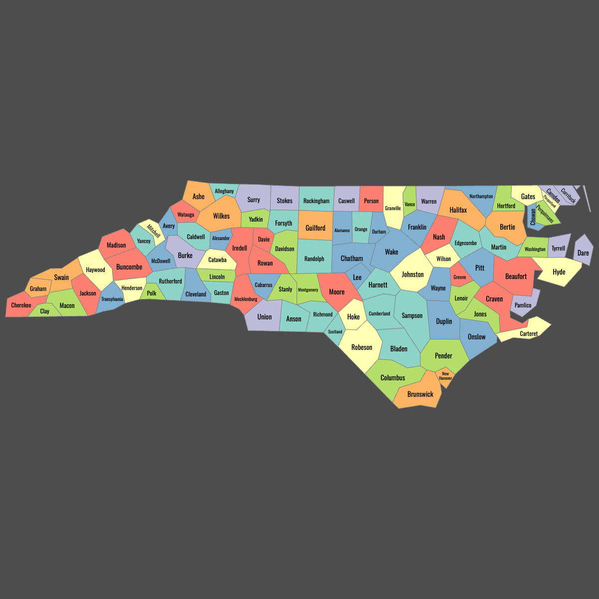 Colored Map of North Carolina Counties with Labels (Dark Theme)