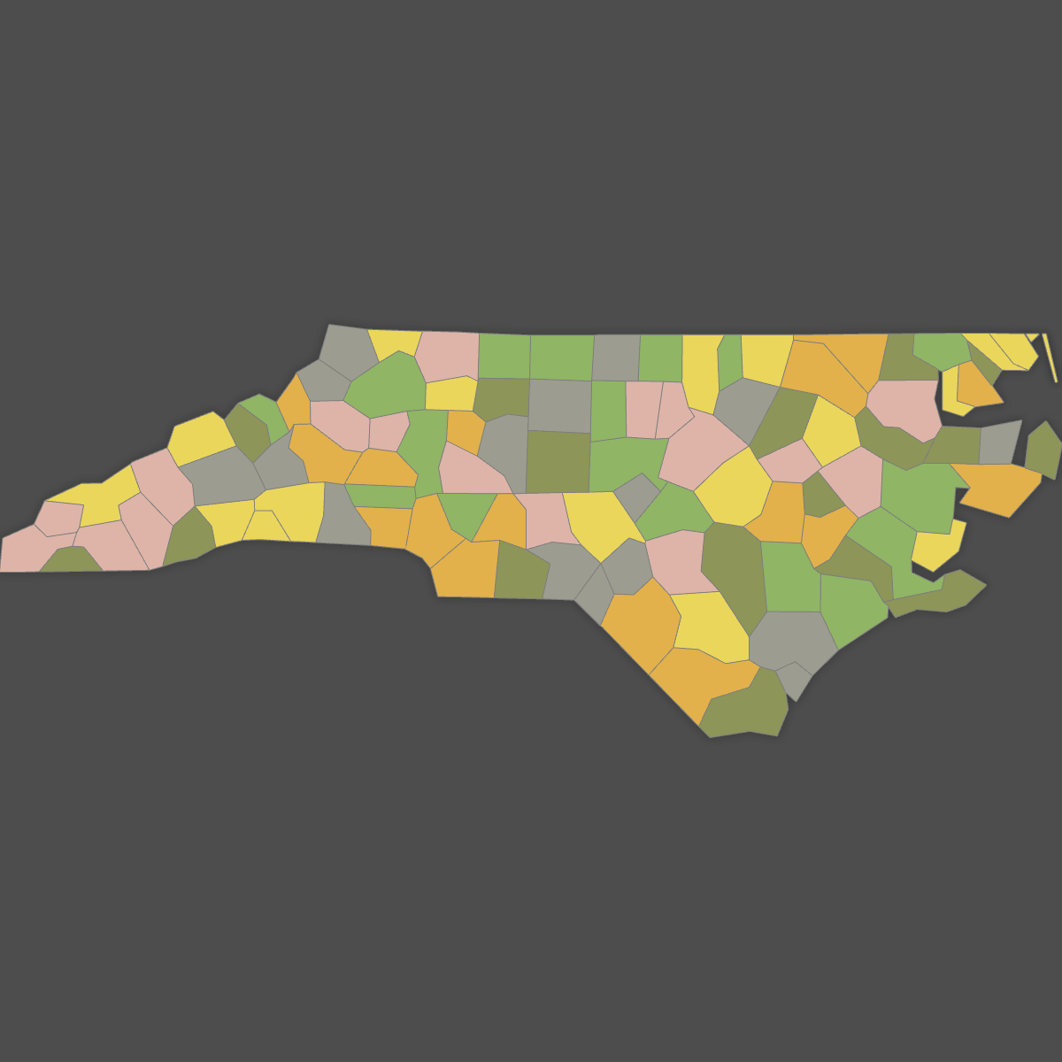 Colored Map of North Carolina Counties (Dark Theme)