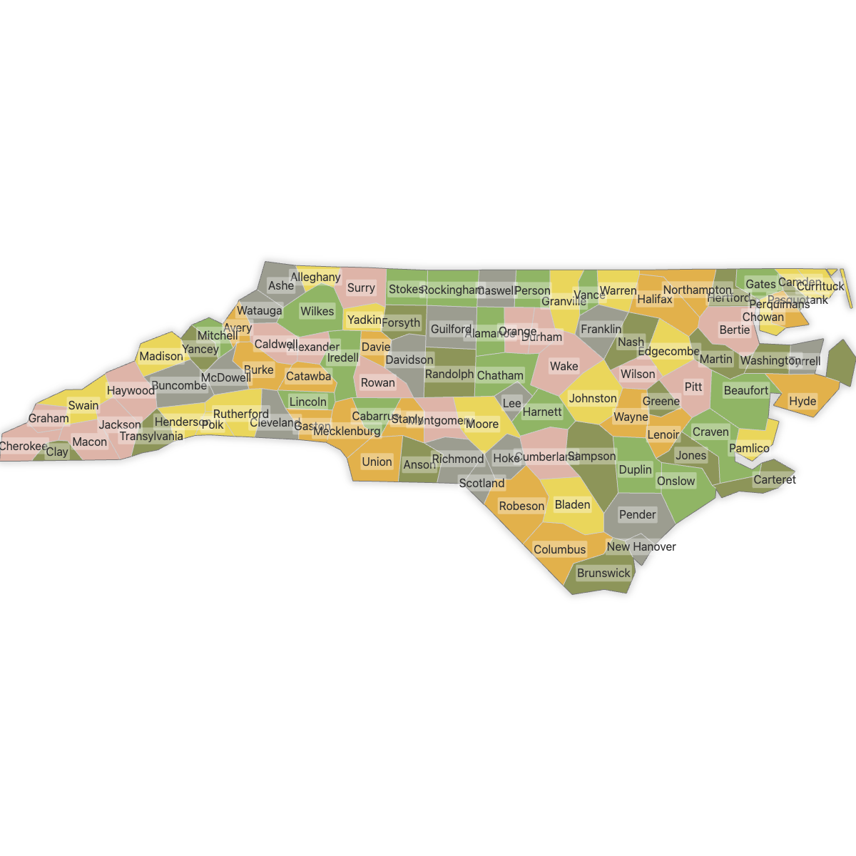 Colored Map of North Carolina Counties with Labels