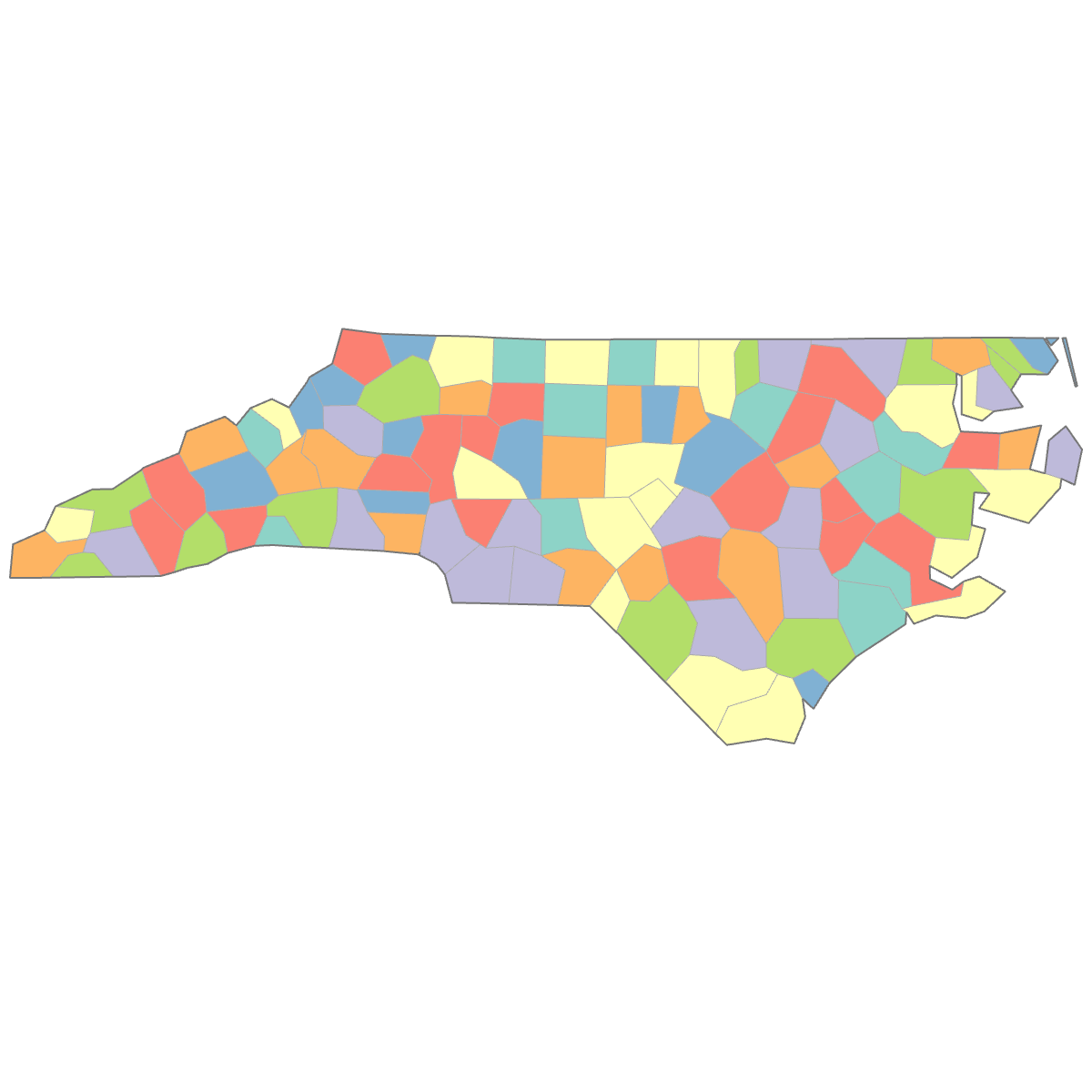 Colored Map of North Carolina Counties