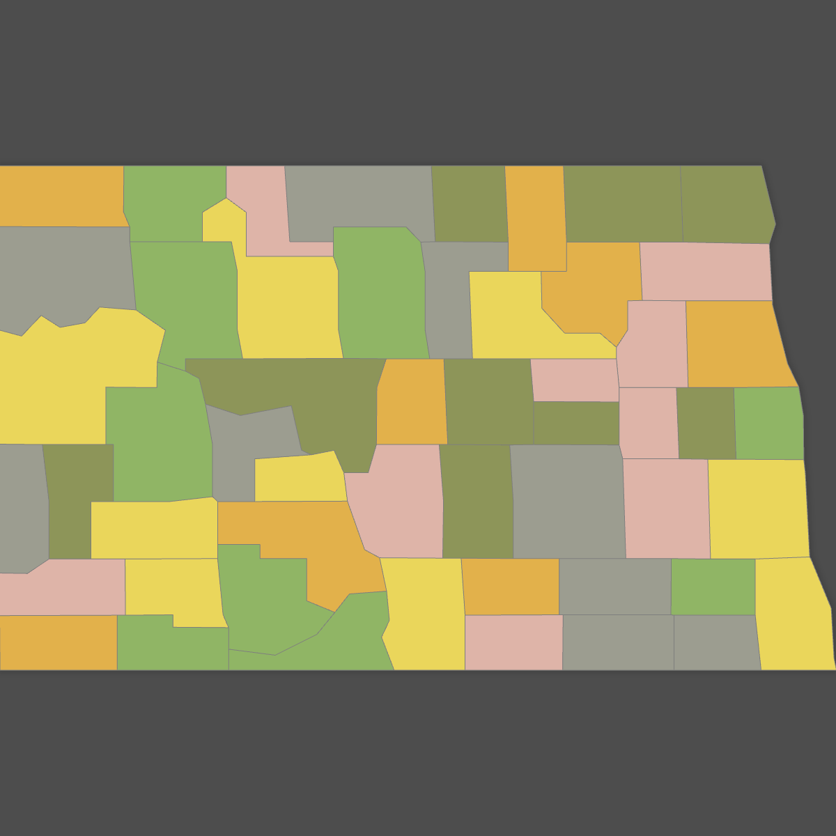 Colored Map of North Dakota Counties (Dark Theme)