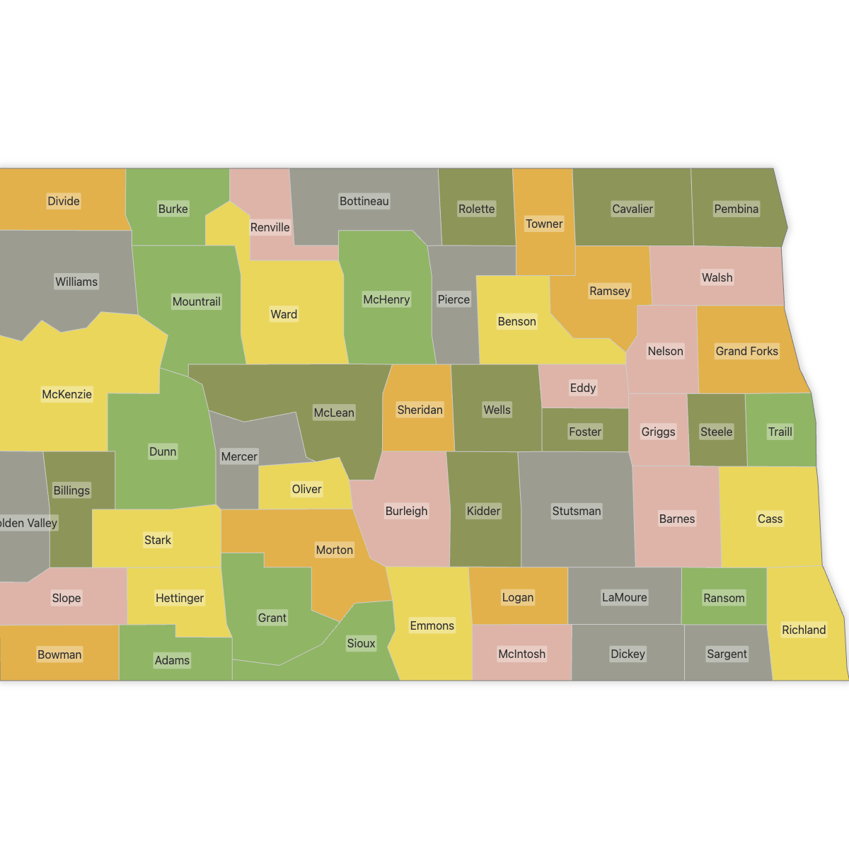 Colored Map of North Dakota Counties with Labels