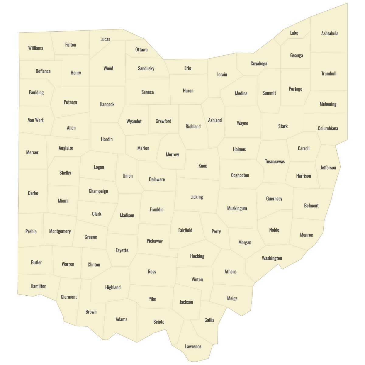 Blank Map of Ohio Counties With Labels