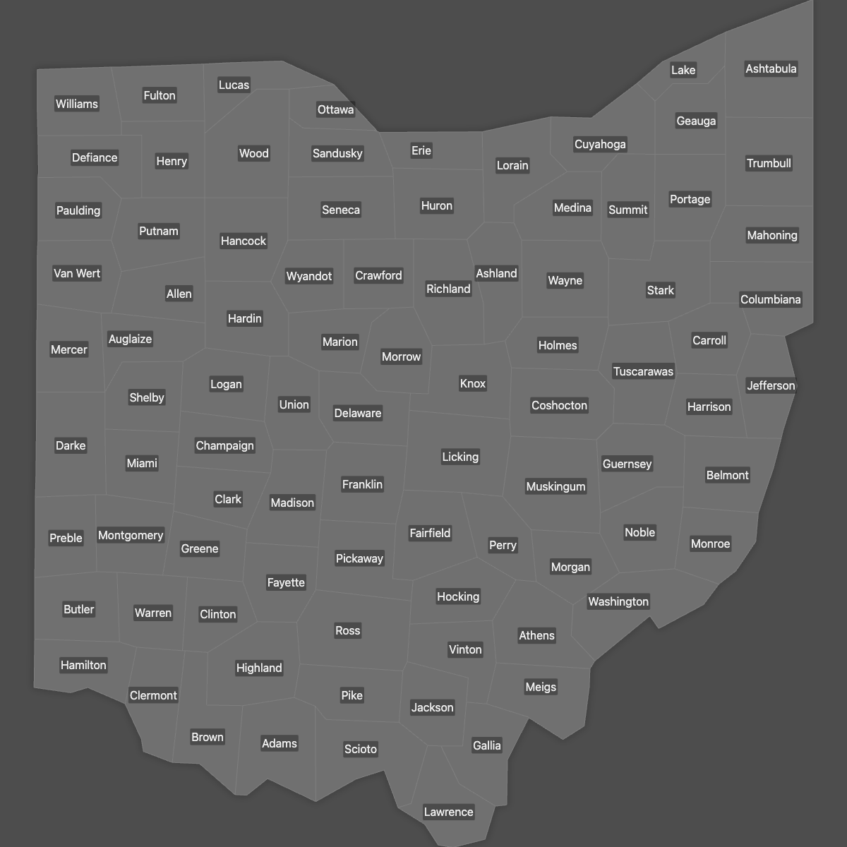 Blank Map of Ohio Counties with Labels (Dark Theme)