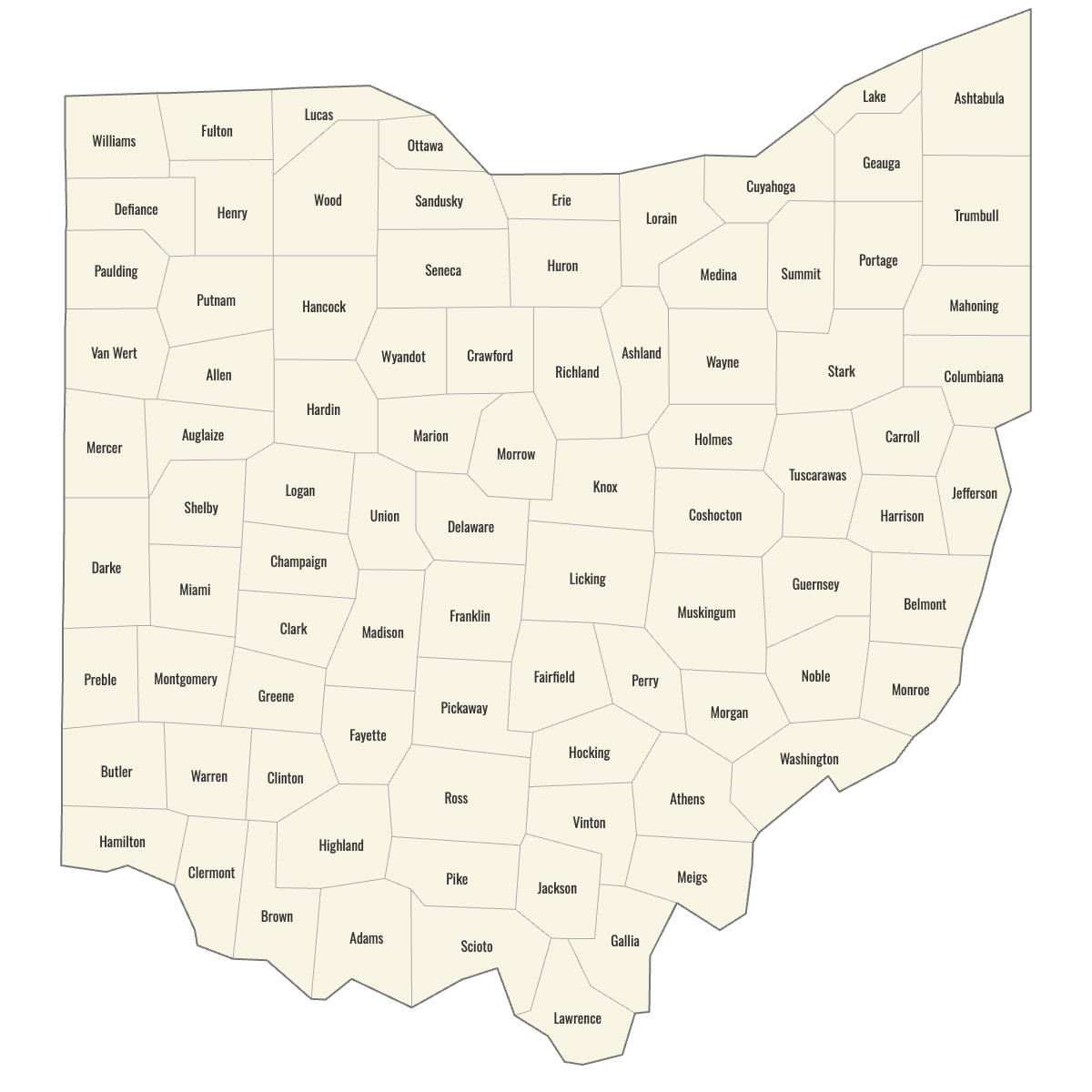 Blank Map of Ohio Counties with Labels