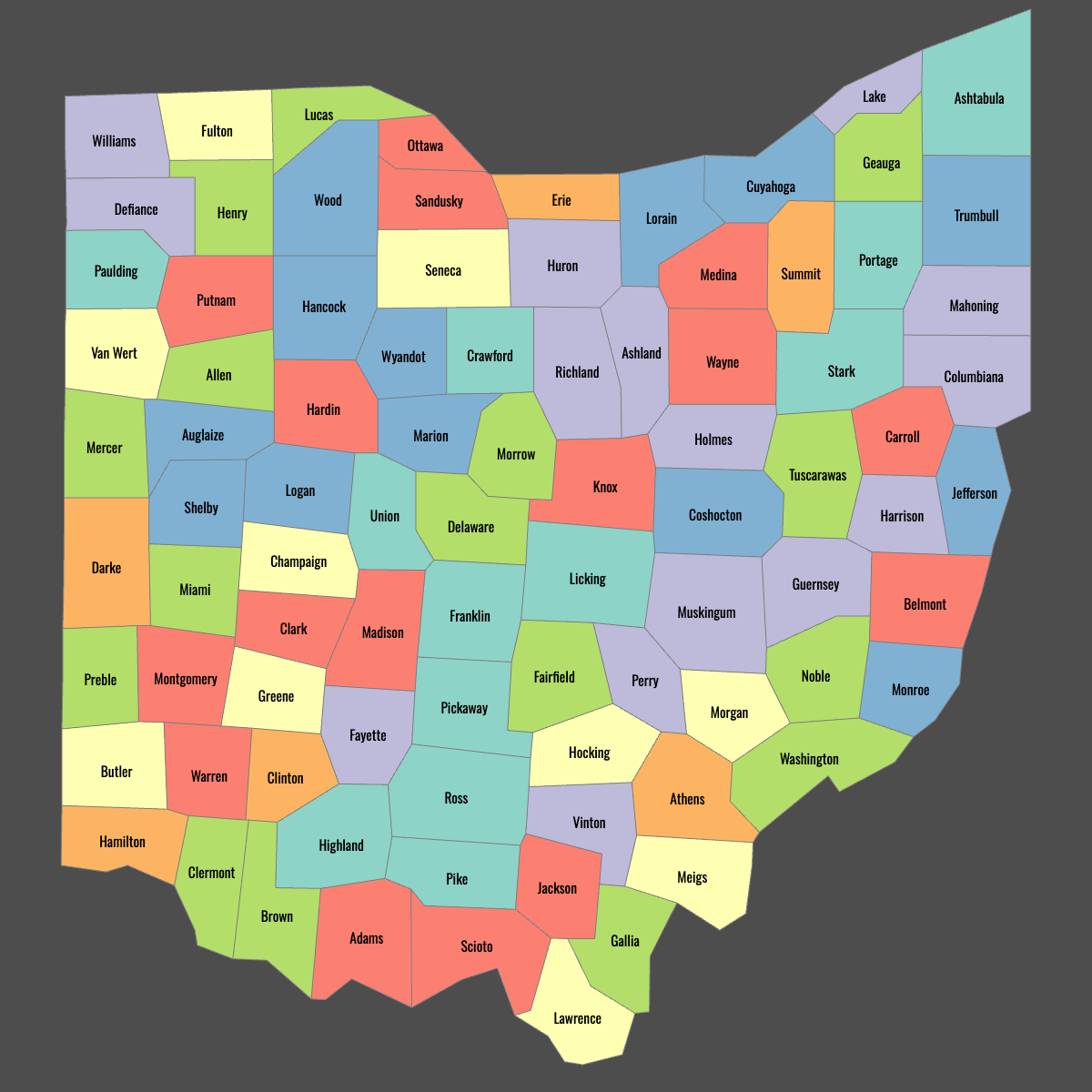 Colored Map of Ohio Counties with Labels (Dark Theme)