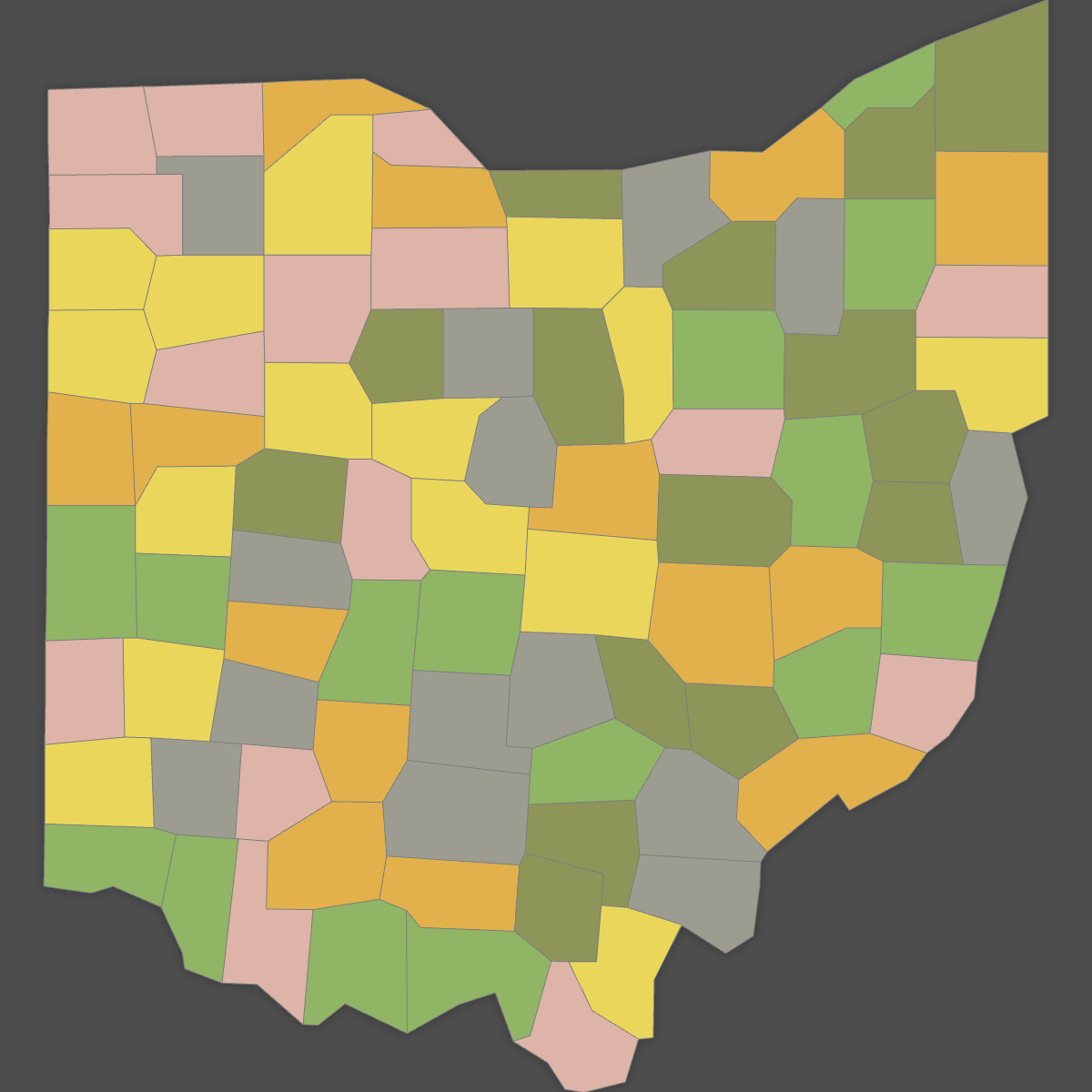 Colored Map of Ohio Counties (Dark Theme)