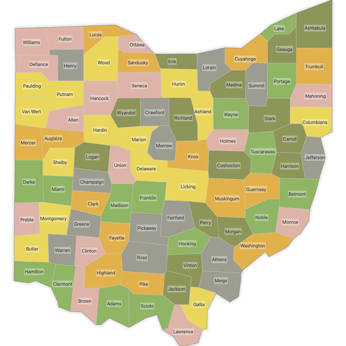 Colored Map of Ohio Counties with Labels