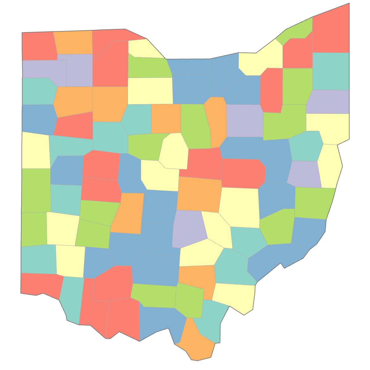 Colored Map of Ohio Counties