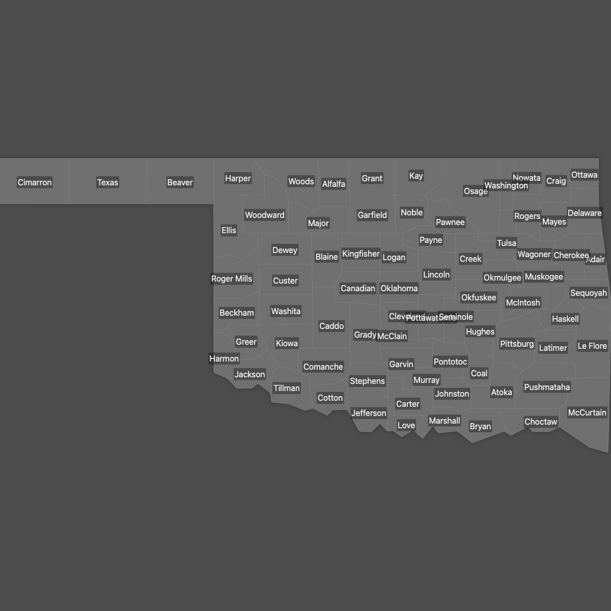 Blank Map of Oklahoma Counties with Labels (Dark Theme)