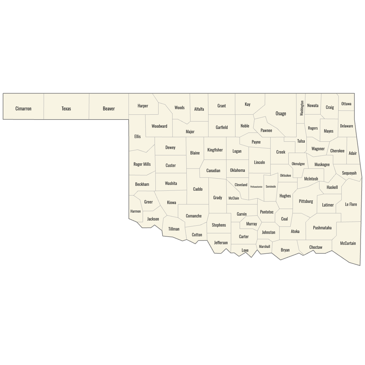 Blank Map of Oklahoma Counties with Labels