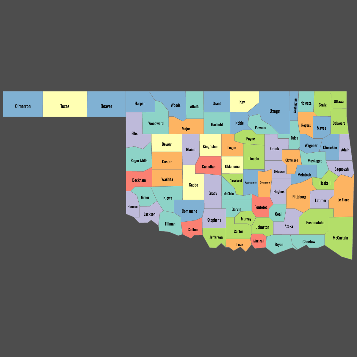 Colored Map of Oklahoma Counties with Labels (Dark Theme)