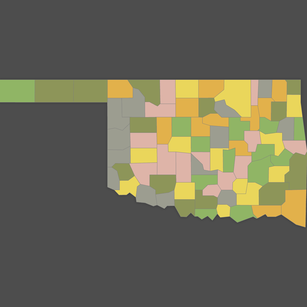 Colored Map of Oklahoma Counties (Dark Theme)