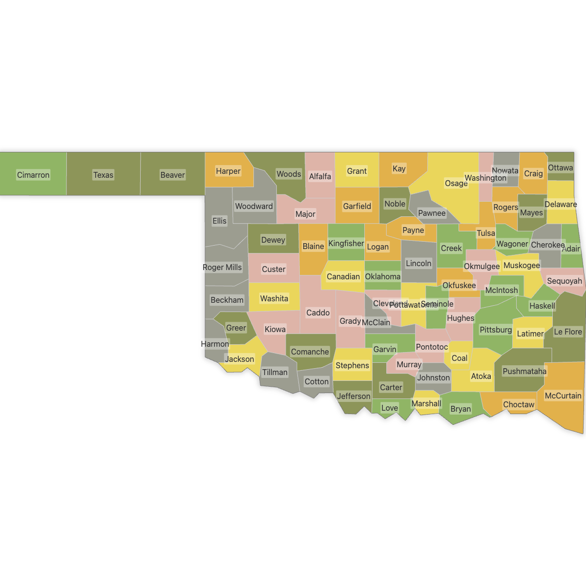 Colored Map of Oklahoma Counties with Labels