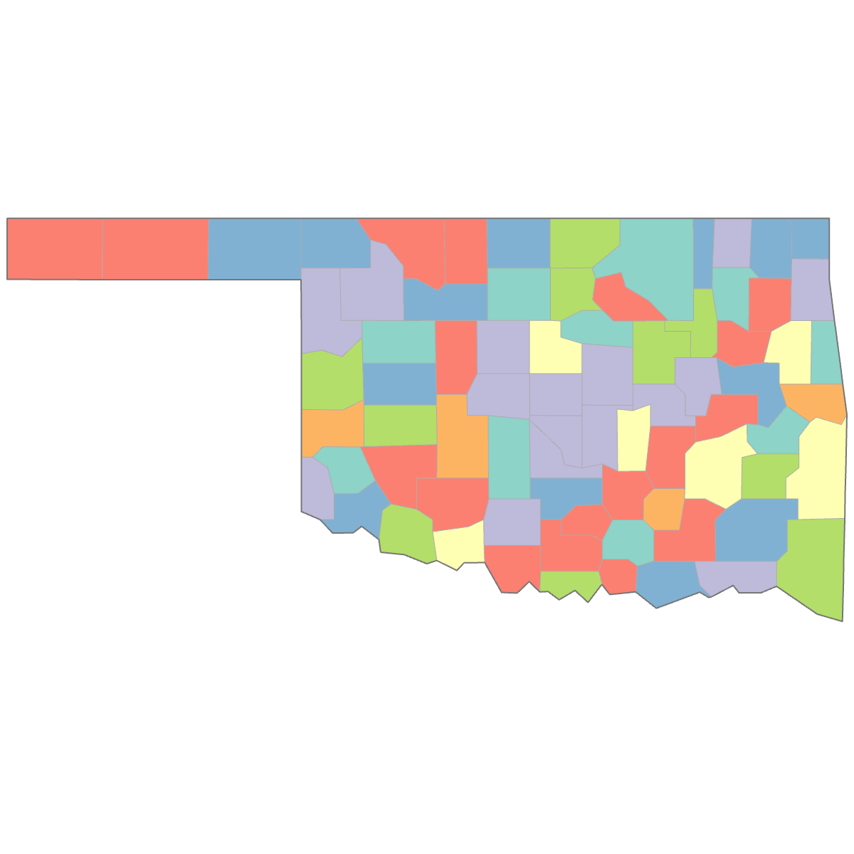 Colored Map of Oklahoma Counties