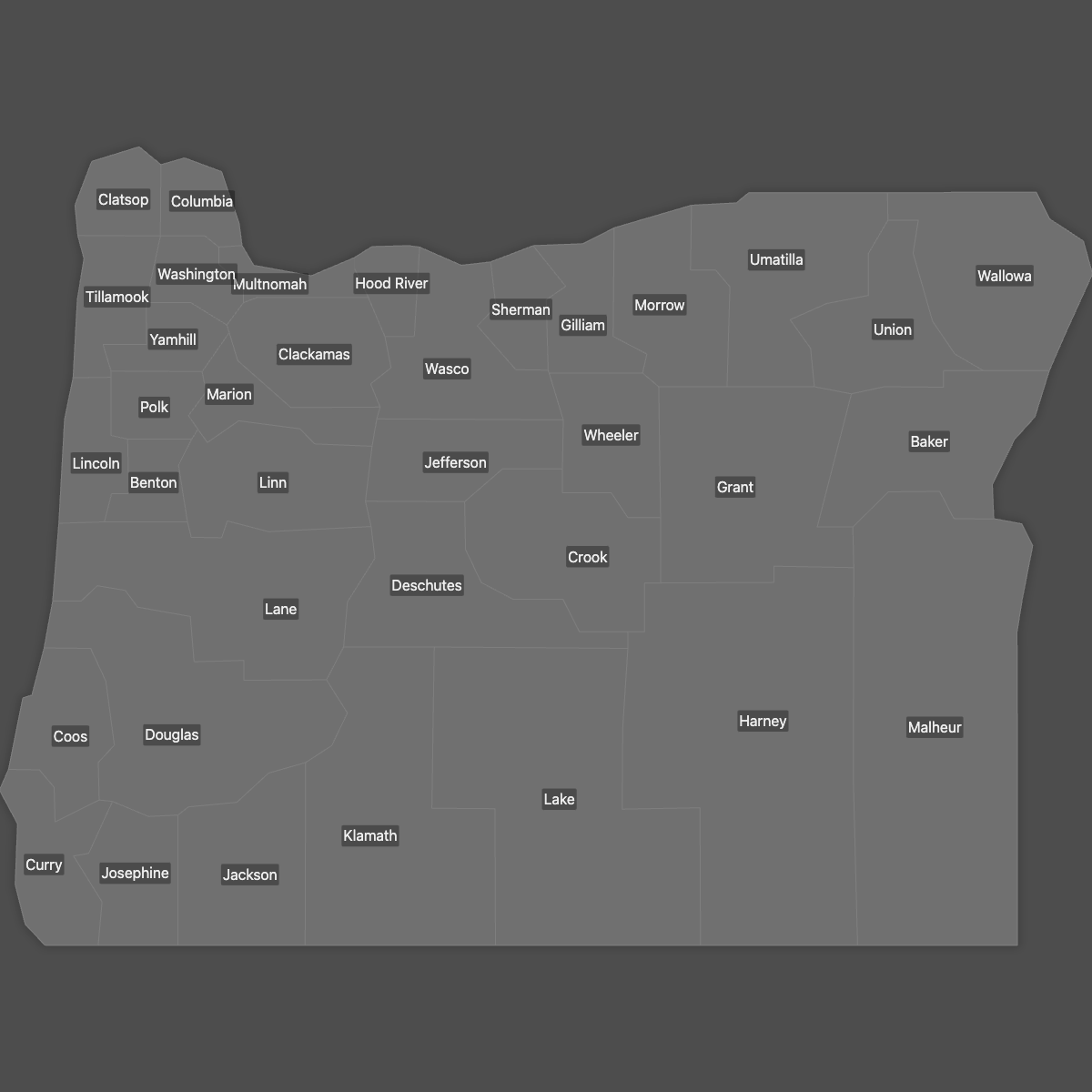 Blank Map of Oregon Counties with Labels (Dark Theme)