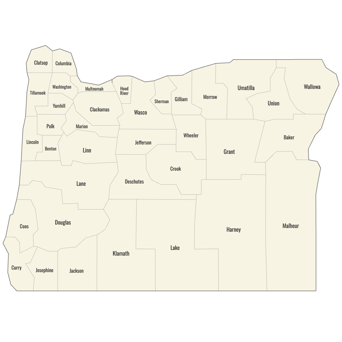 Blank Map of Oregon Counties with Labels